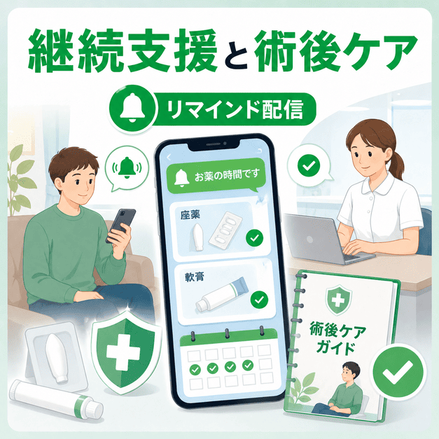 保存治療の薬剤リマインドと術後ケア配信で、患者の治療継続を支援するLINE運用を示したイラスト