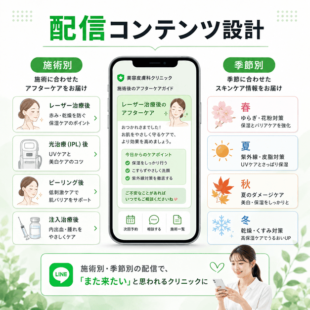 美容皮膚科の施術後アフターケアと春夏秋冬のスキンケア配信をLINEで届けるイラスト