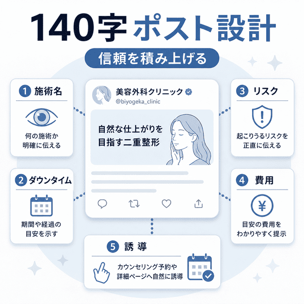 施術名、ダウンタイム、リスク、費用、予約誘導を含めた140字ポスト設計を示すイラスト