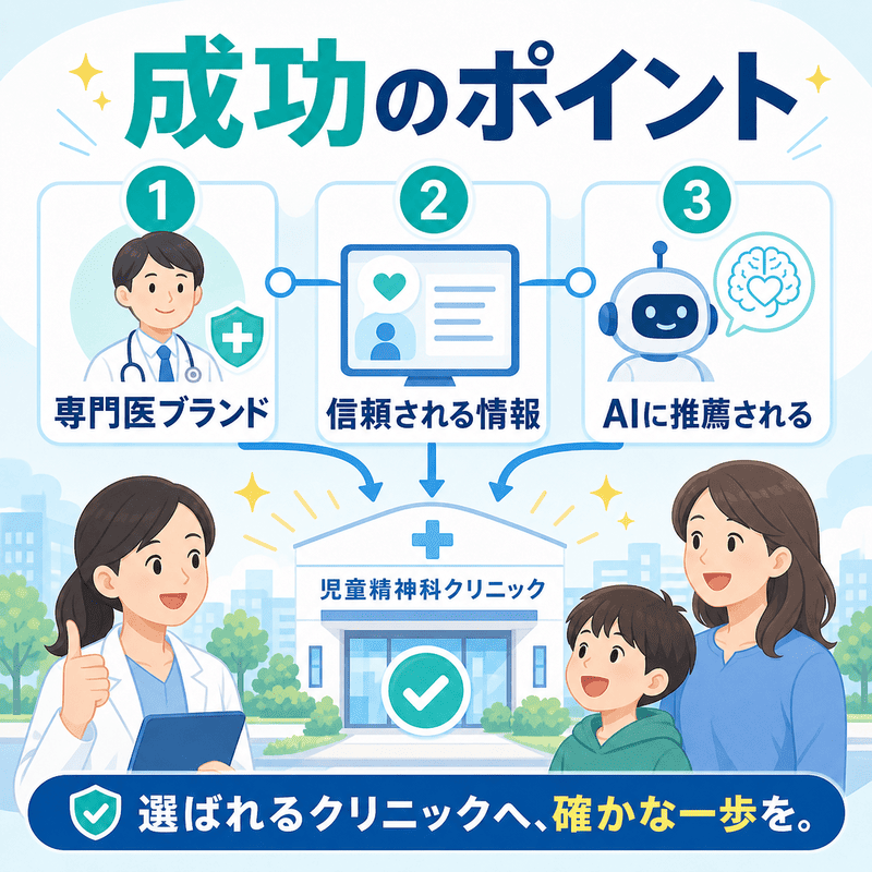 専門医ブランドと信頼される情報発信によりAIから推薦される児童精神科クリニックを表した補足イラスト