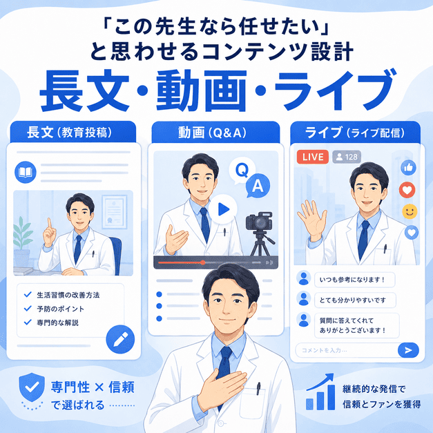 長文投稿、動画、ライブ配信を組み合わせて医師への信頼感を高めるFacebookコンテンツ設計のイラスト