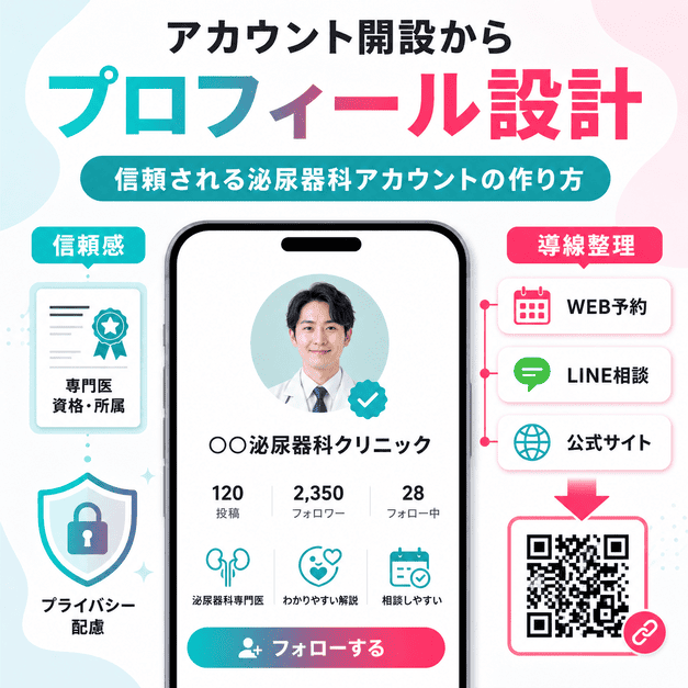 泌尿器科クリニックのTikTokプロフィール設計で信頼感と予約導線を整える様子を表したイラスト