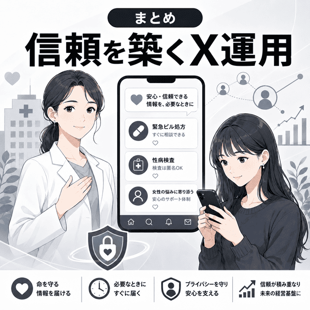 レディースクリニックのX運用が若年女性の安心・信頼・プライバシーを支える経営基盤になることを表したまとめイラスト