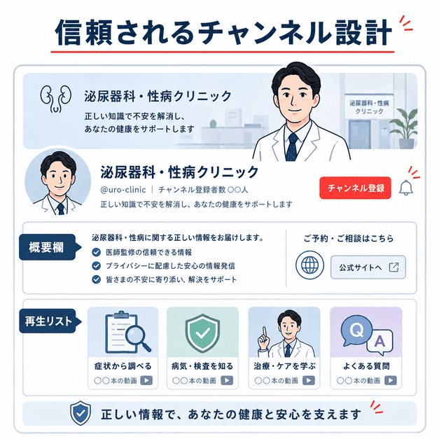 泌尿器科・性病クリニックのチャンネル概要欄や再生リストを整理し、信頼されるブランドアカウントを設計する様子