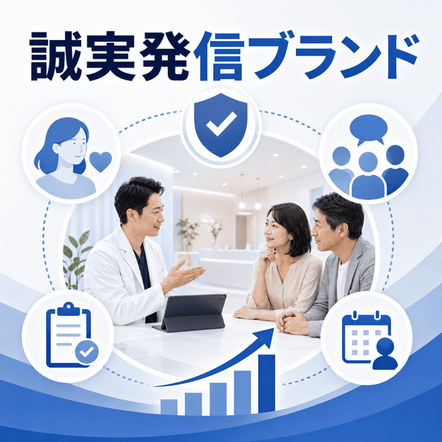 美容外科クリニックが誠実な情報発信と信頼形成によって長期的なFacebook集患ブランドを築く様子を表したイラスト