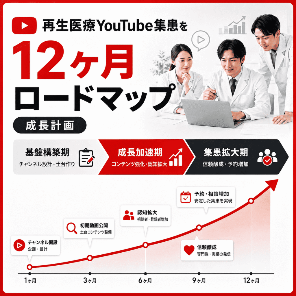 再生医療クリニックのYouTube集患を12ヶ月のロードマップに沿って成長させるイメージ