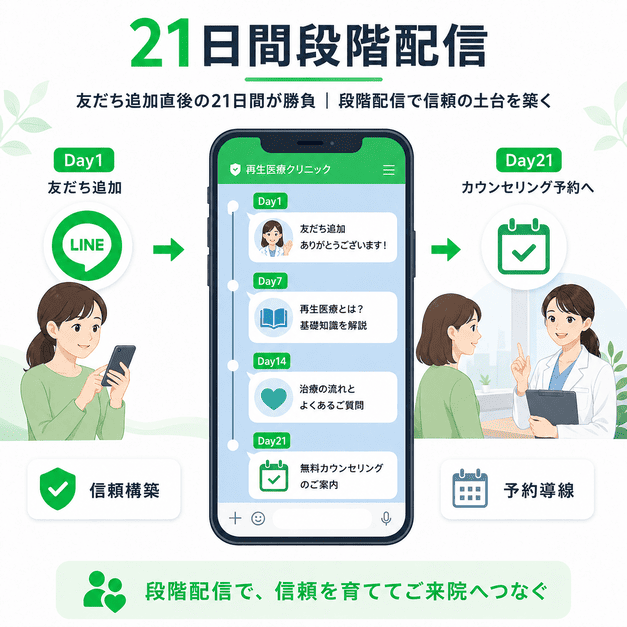 友だち追加後21日間の段階配信で信頼を築きカウンセリング予約へつなげる流れを示したイラスト