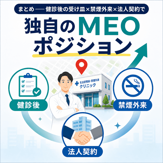 健診後の受け皿、禁煙外来、法人契約を軸に独自のMEOポジションを築く総まとめ図