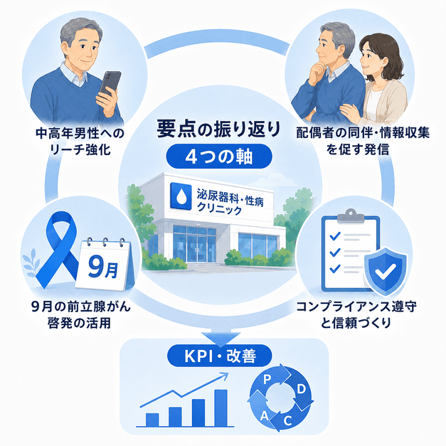 中高年男性へのリーチ、配偶者経由、9月啓発、法令遵守、KPI改善を振り返るまとめ図解