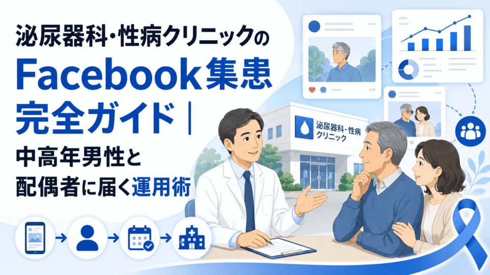 泌尿器科・性病クリニックのFacebook集患について、医師と中高年男性・配偶者、SNS運用導線を示したアイキャッチ画像