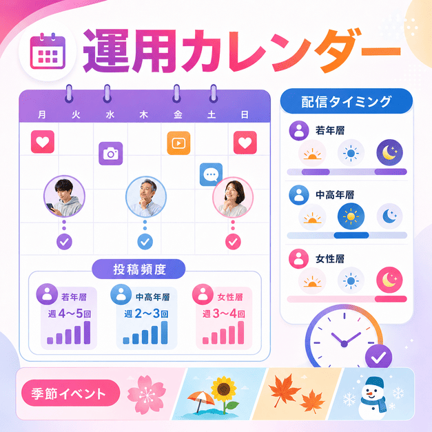 投稿頻度や配信タイミング、季節イベントを管理するInstagram運用カレンダーのイメージ