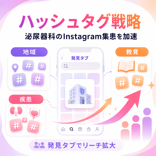 地域・疾患・教育の三軸でハッシュタグを設計し発見タブからのリーチを広げるイメージ