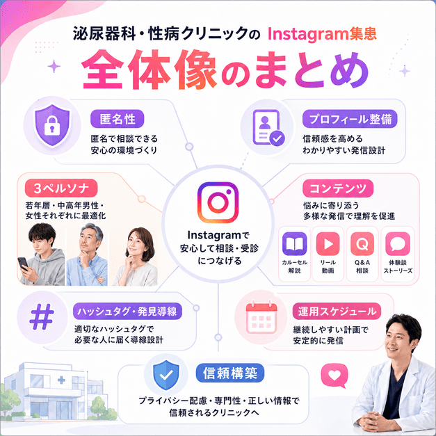 泌尿器科・性病クリニックのInstagram集患に必要な匿名性、ペルソナ設計、投稿運用、法令遵守をまとめたイメージ