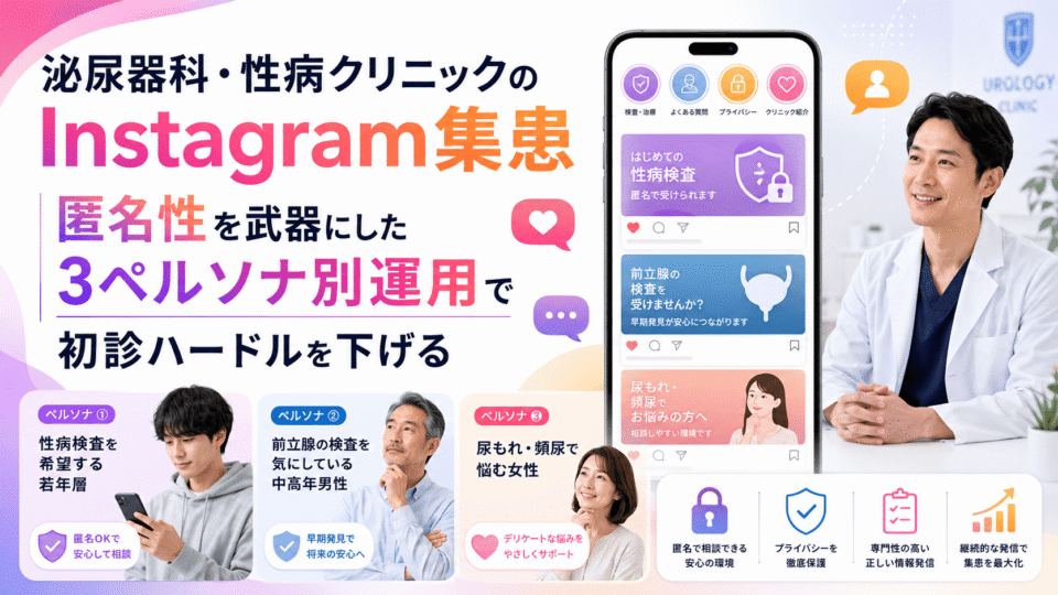 泌尿器科・性病クリニックのInstagram集患で匿名性と3ペルソナ別運用を解説するイメージ