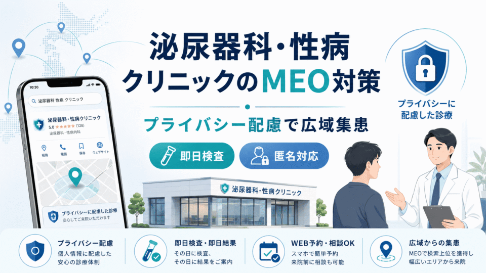 泌尿器科・性病クリニックのMEO対策として、プライバシー配慮や即日検査、匿名対応、広域集患の要点を示したアイキャッチ画像