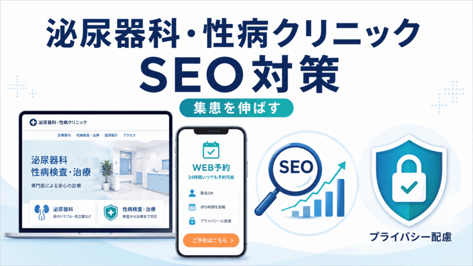 泌尿器科・性病クリニックのSEO対策で、プライバシー配慮と専門性を軸に集患を伸ばす戦略を示したアイキャッチ画像