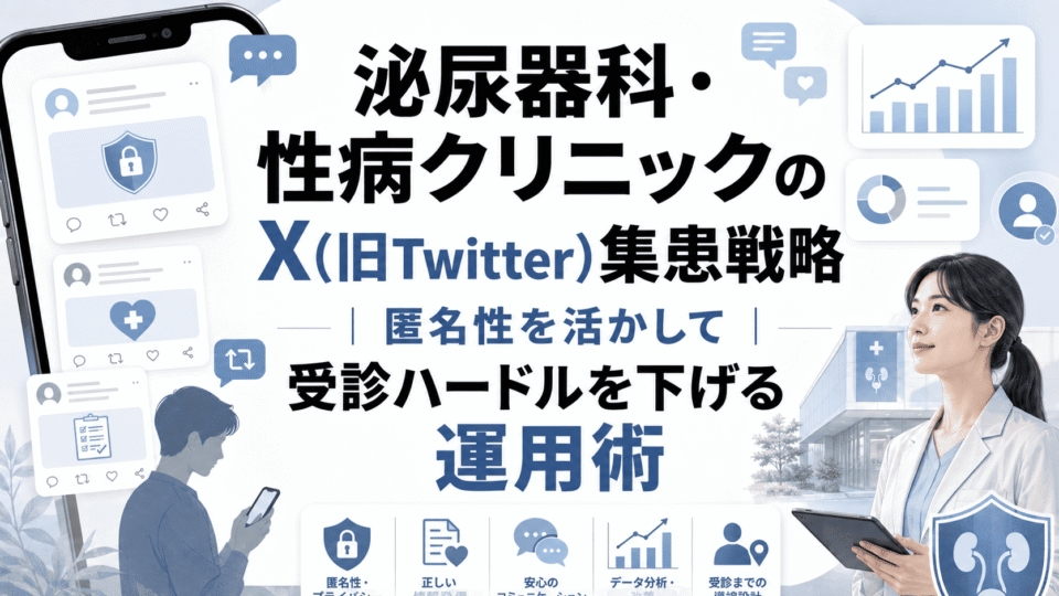泌尿器科・性病クリニックのX集患戦略を表す、匿名性・受診導線・信頼性を組み合わせた医療SNS運用のアイキャッチ画像