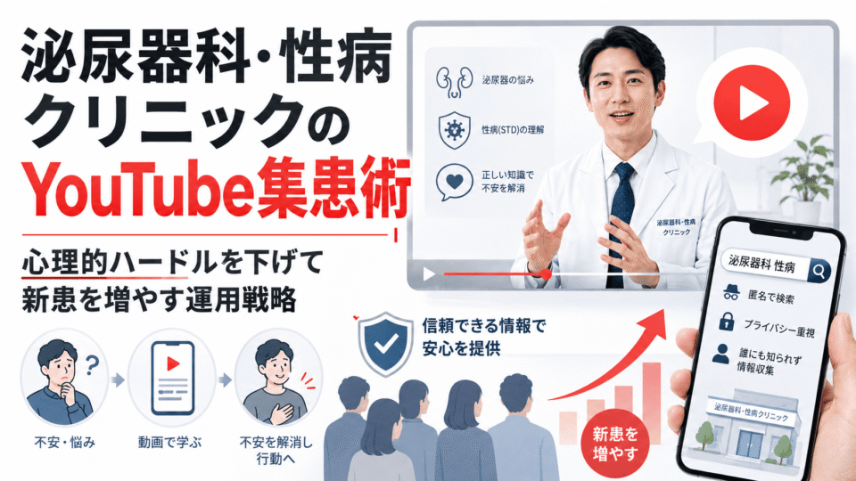 泌尿器科・性病クリニックのYouTube集患戦略を、医師の動画解説と検索・信頼・新患増加の流れで表した画像