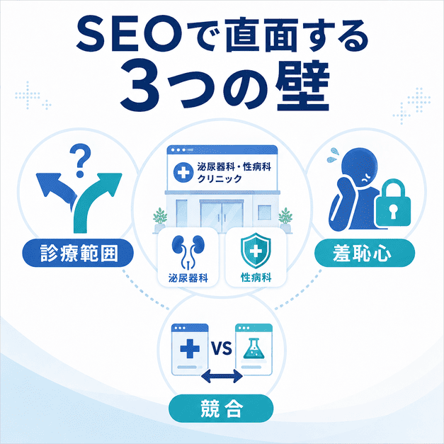 泌尿器科と性病科を併設するクリニックがSEOで直面する診療範囲、羞恥心、競合の3つの課題を図解した画像