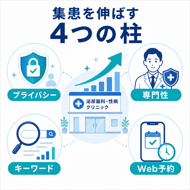 泌尿器科・性病クリニックの集患を伸ばすためのプライバシー、専門性、キーワード、Web予約の4つの柱をまとめた画像