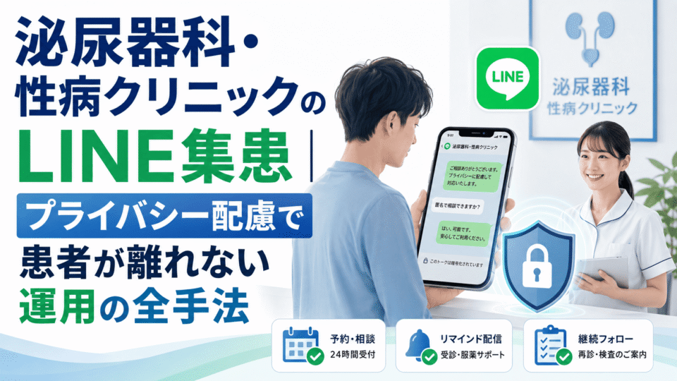 泌尿器科・性病クリニックのLINE集患で、プライバシーに配慮した相談対応や予約・継続フォローを表したアイキャッチ画像
