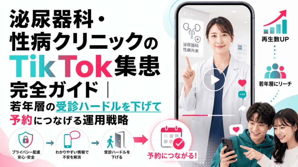 泌尿器科・性病クリニックのTikTok集患戦略を、医師・若年層・予約導線で表現したアイキャッチ画像