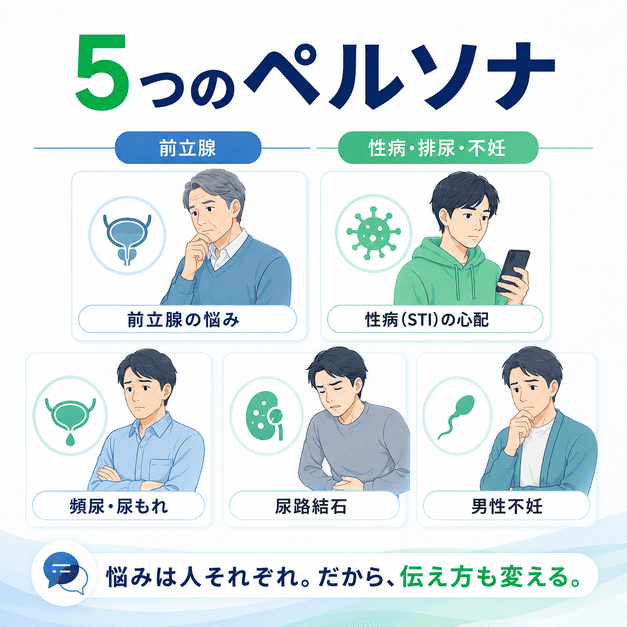 泌尿器科・性病クリニックの患者を前立腺疾患、性病、頻尿・尿もれ、尿路結石、男性不妊の5つのペルソナに分けたイラスト