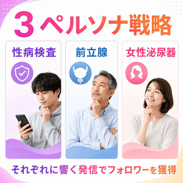 性病検査層・前立腺層・女性泌尿器層の3ペルソナに分けてInstagram発信を設計するイメージ