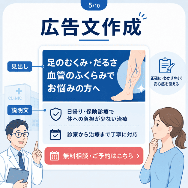 下肢静脈瘤治療クリニックの広告見出しや説明文を患者に分かりやすく作成する様子を示したイラスト