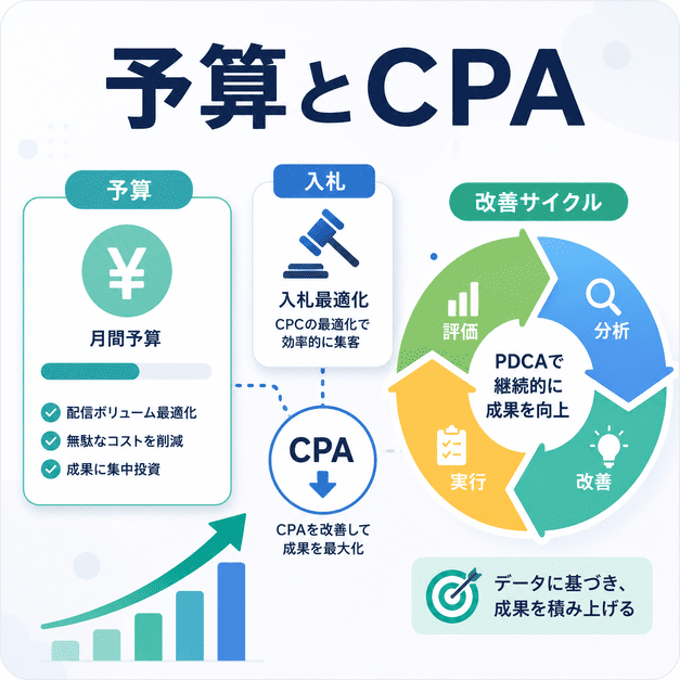 下肢静脈瘤治療クリニックの広告予算、入札、CPA管理と改善サイクルを示したイラスト