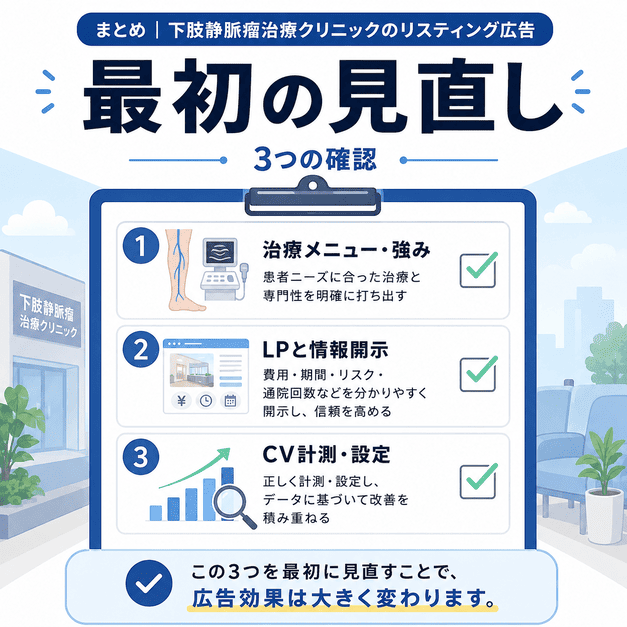 下肢静脈瘤治療クリニックのGoogleリスティング広告で最初に見直すべき項目をチェックリスト形式で示したまとめイラスト