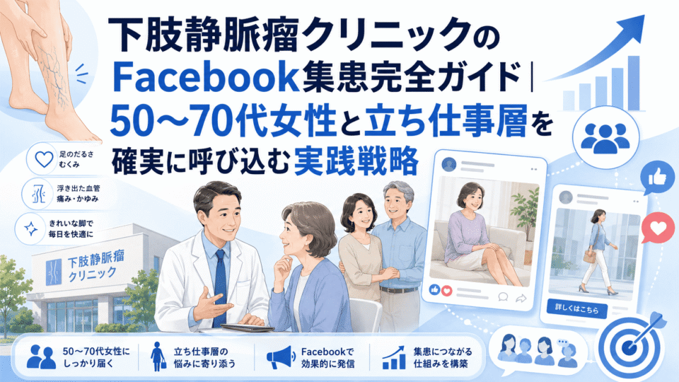 下肢静脈瘤クリニックがFacebookを活用して50〜70代女性や立ち仕事層に集患する戦略を示したアイキャッチ画像