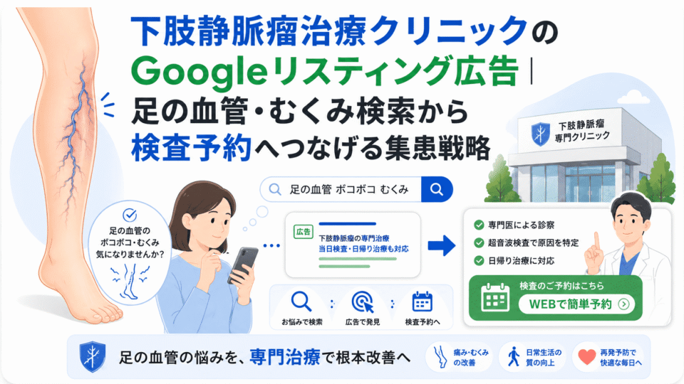 下肢静脈瘤治療クリニックのGoogleリスティング広告で足の血管やむくみ検索から検査予約へつなげる流れを示した画像