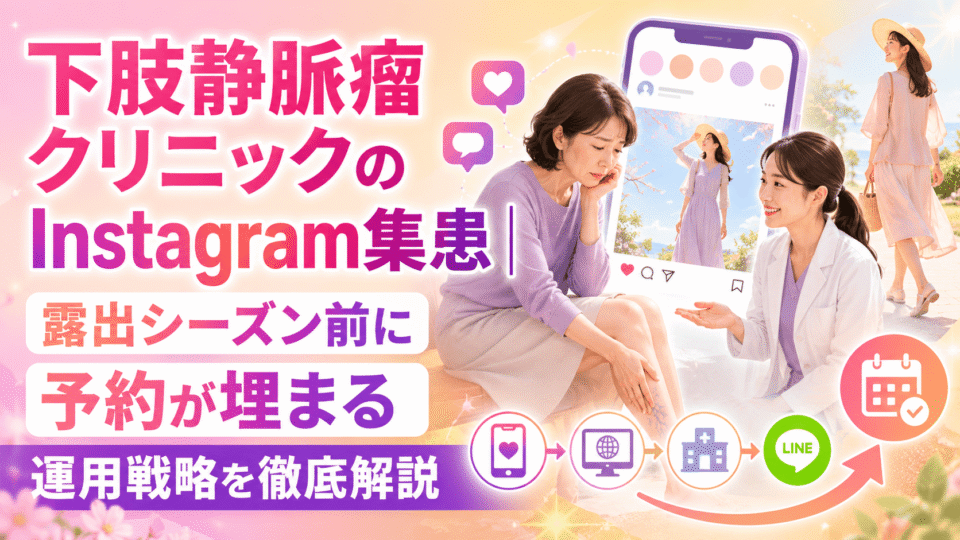 下肢静脈瘤クリニックのInstagram集患戦略を表した、女性患者と医師、SNS投稿、予約導線のイメージ
