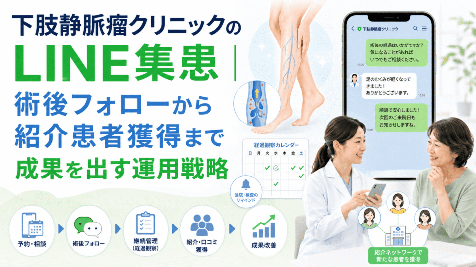 下肢静脈瘤クリニックのLINE集患で術後フォローから紹介患者獲得までを支援する運用戦略のイメージ