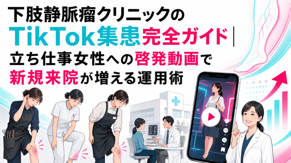 下肢静脈瘤クリニックがTikTokで立ち仕事女性へ啓発動画を届け、新規来院につなげる運用を示したイラスト