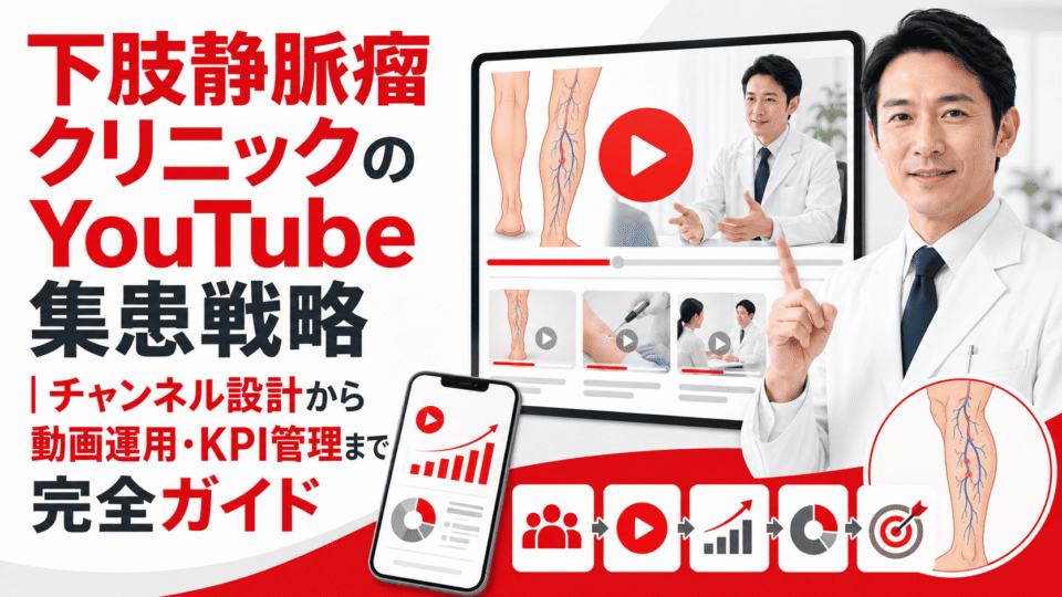 下肢静脈瘤クリニックのYouTube集患戦略を、医師の動画発信・分析グラフ・下肢静脈瘤の図解で表したアイキャッチ画像