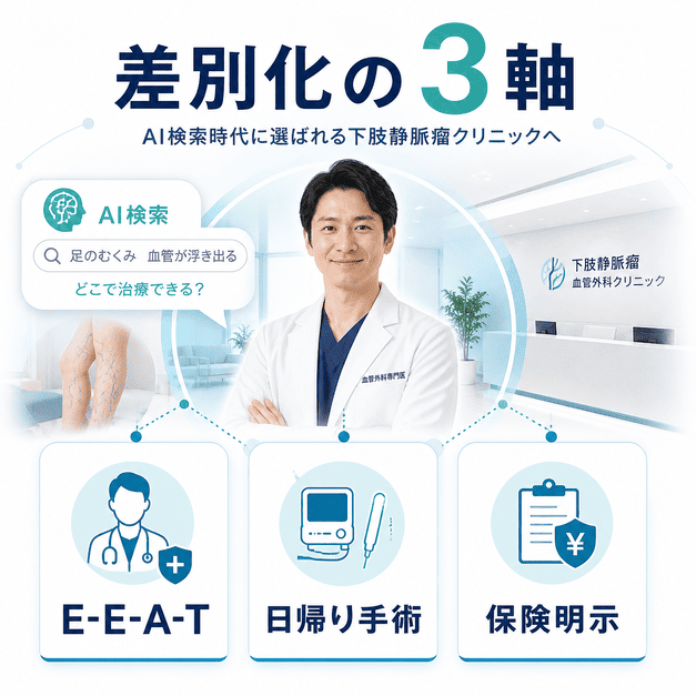 下肢静脈瘤治療クリニックのLLMO戦略に必要なE-E-A-T、日帰り手術、保険明示の3つの差別化軸を示した図