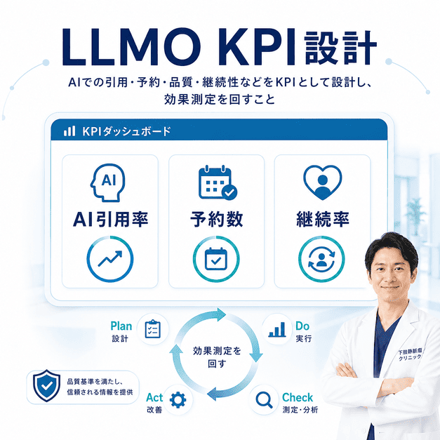 AI引用率、予約数、継続率を中心に下肢静脈瘤クリニックのLLMO KPIを設計する図