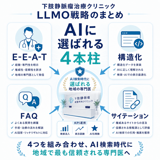 E-E-A-T、構造化データ、FAQ、サイテーションを組み合わせてAIに選ばれる地域専門医を目指すまとめ図
