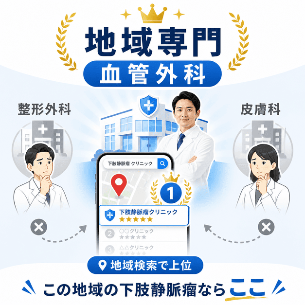 下肢静脈瘤クリニックが血管外科専門として地域検索で選ばれるポジションを確立する流れを示した図