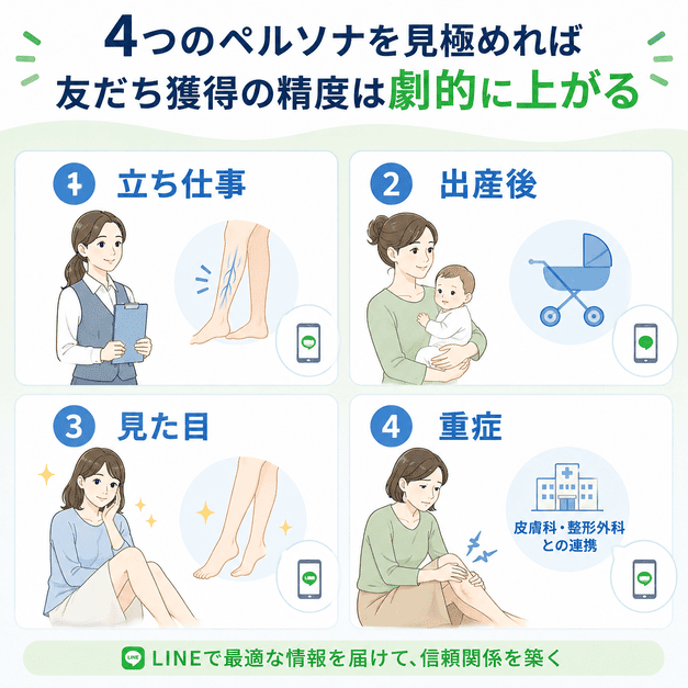 立ち仕事、出産後、見た目の悩み、重症化の4つの患者ペルソナをLINE配信で分類するイメージ