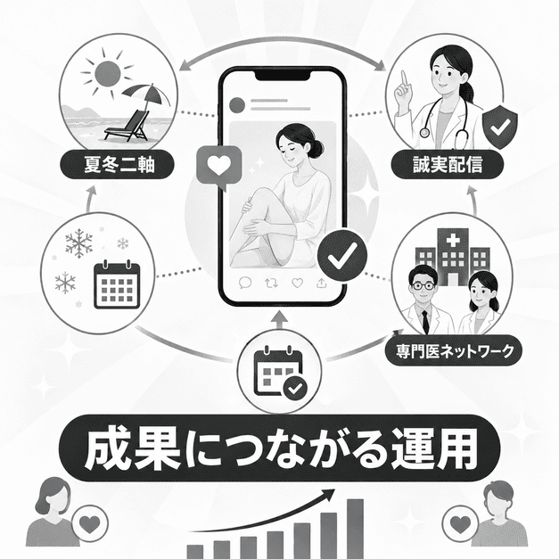 夏冬二軸の配信、誠実な医療情報発信、専門医ネットワークによって下肢静脈瘤クリニックの集患成果につなげる様子を表したまとめイラスト