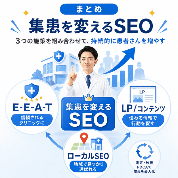 E-E-A-T・ランディングページ・ローカルSEOを組み合わせて下肢静脈瘤クリニックの集患を変える総まとめ図