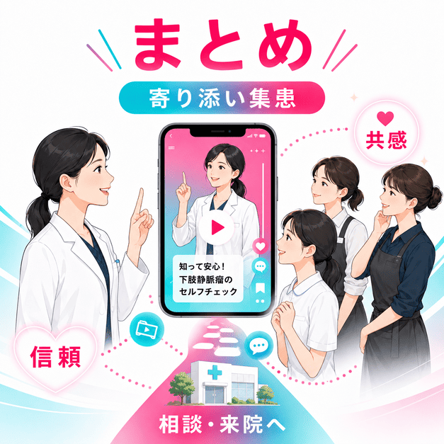 立ち仕事女性に寄り添う下肢静脈瘤クリニックのTikTok集患をまとめた安心感のあるイメージ