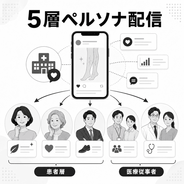 下肢静脈瘤治療クリニックが患者層や医療従事者など5層のペルソナに分けて配信する様子を表したイラスト