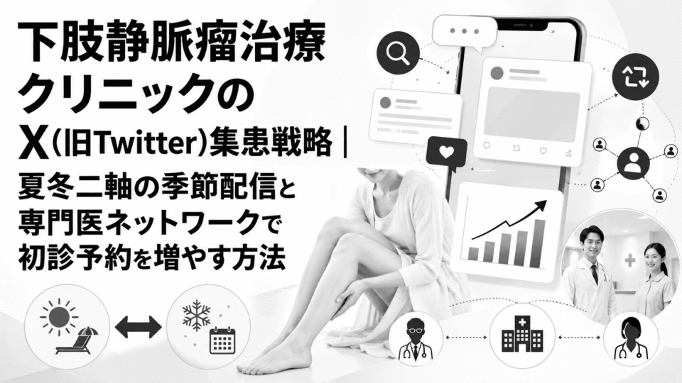 下肢静脈瘤治療クリニックのX集患戦略として、夏冬二軸の季節配信、専門医ネットワーク、初診予約増加を表したアイキャッチ画像