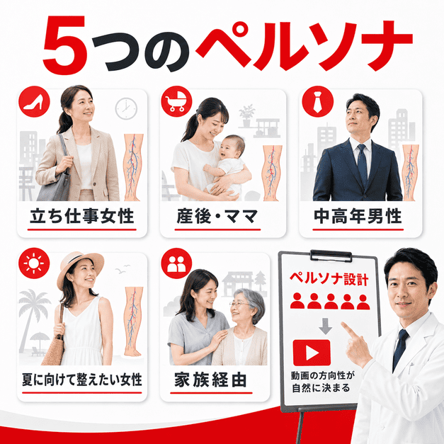 立ち仕事女性・産後女性・中高年男性・夏前に治療を検討する女性・家族経由の5つのペルソナを示したイラスト