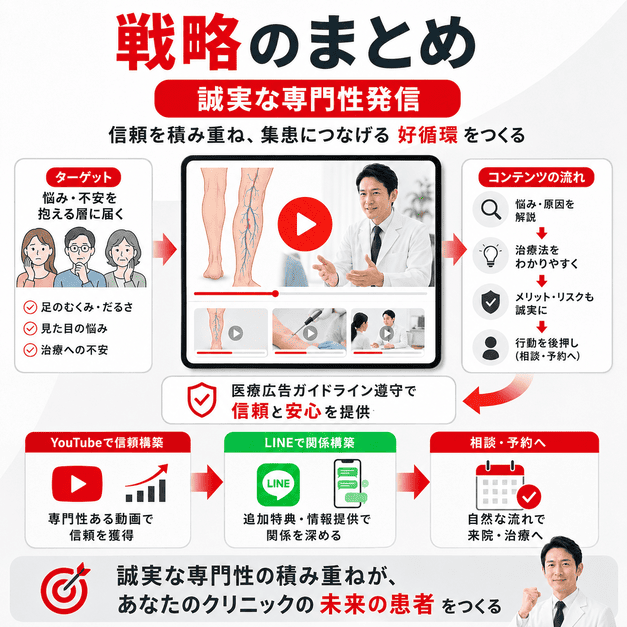 下肢静脈瘤治療クリニックのYouTube集患戦略を、専門性発信・信頼構築・LINE導線までまとめて示したイラスト