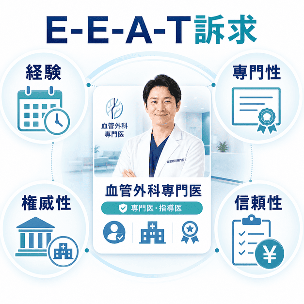血管外科専門医の経験、専門性、権威性、信頼性を整理しE-E-A-T訴求の要点を示した図